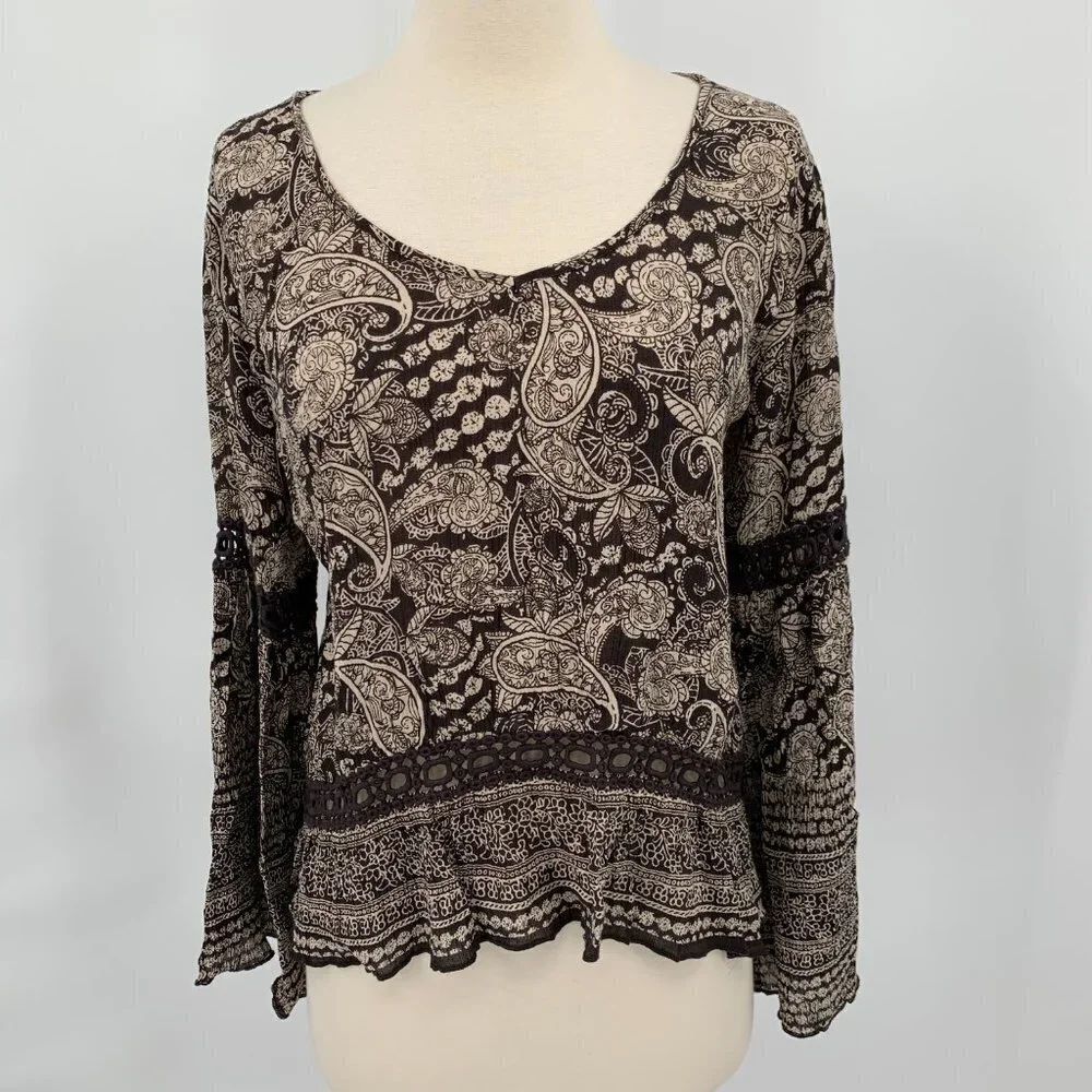 PATRONS OF PEACE Cut Out Top Bell Sleeve Boho S Bohemian Blouse Women Brown
